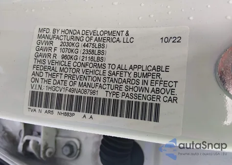 2022 Honda Accord Sport Se из США, поврежденный, VIN 1HGCV1F49NA087981